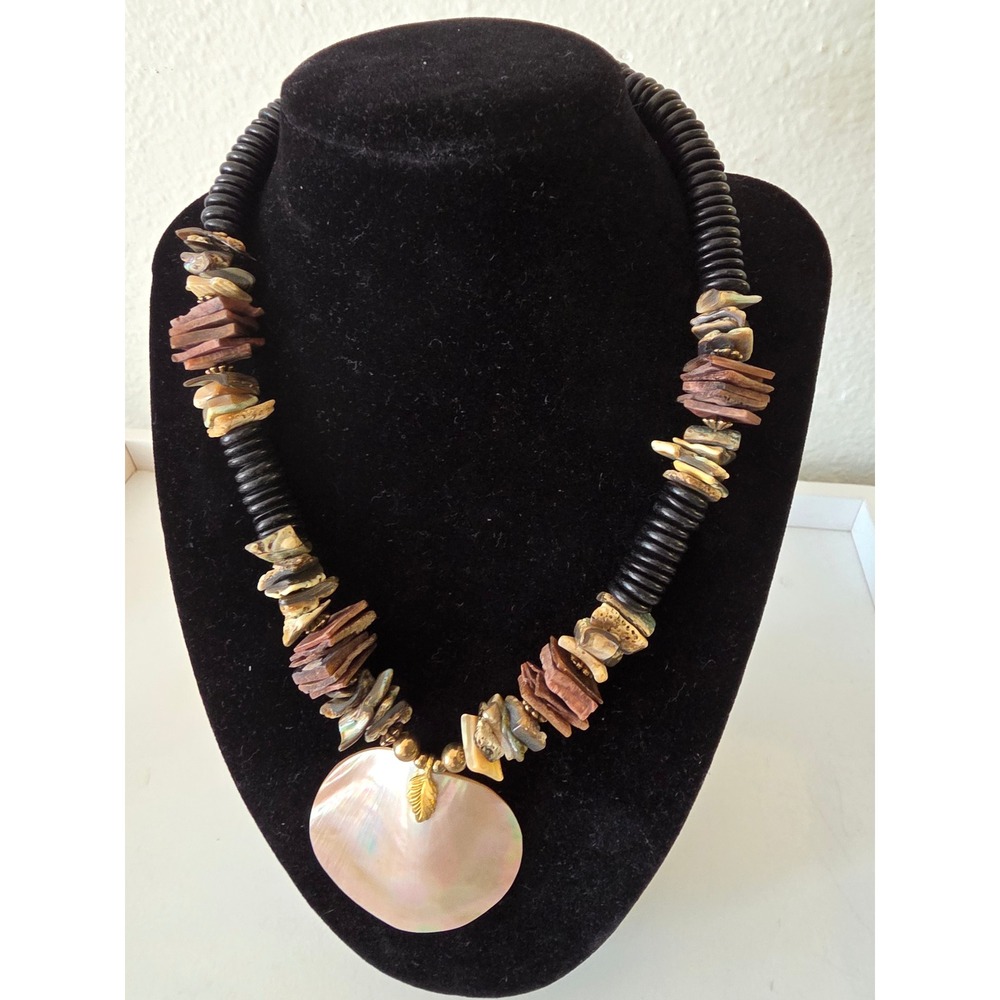 Vintage Mother of Pearl Shell Pendant Necklace Wood Bead Boho Statement 22 In